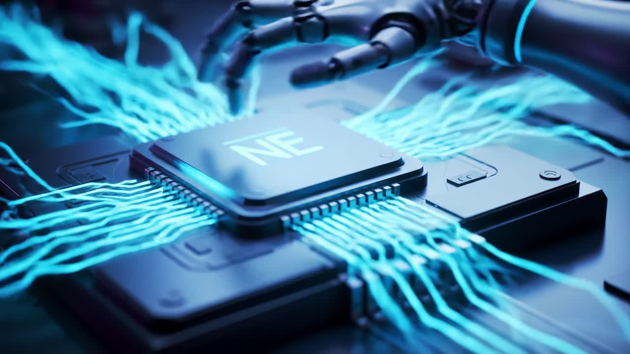 In a tech lab, a hand interacts with a central processing unit surrounded by glowing wires, showcasing the intricate relationship between AI and computing power.