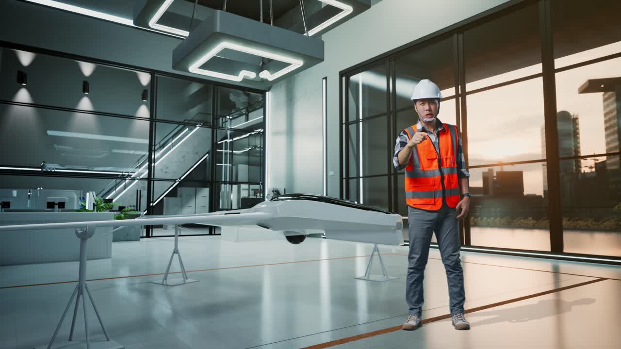 Ingegnere asiatico arrabbiato con elmetto di sicurezza che urla a qualcuno mentre è in piedi accanto a un progetto di drone