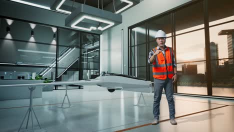 full body of angry asian male engineer with safety helmet shouting at someone while standing with drone project