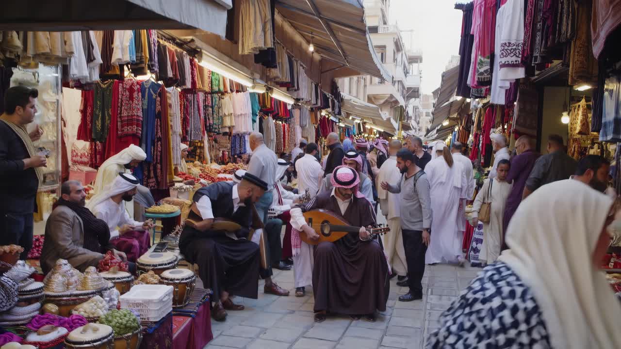 Street-level video capturing musicians playing traditional instruments in a bustling market