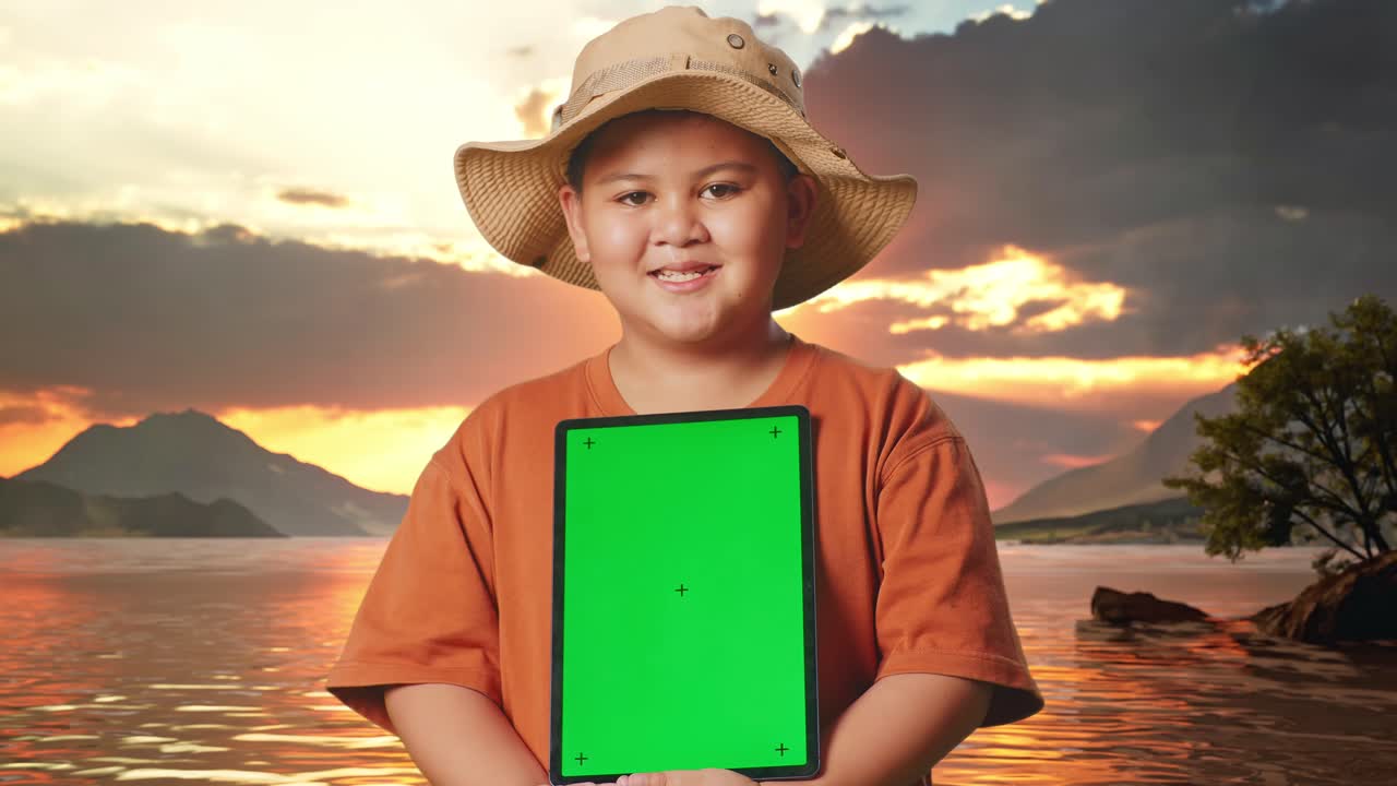 Asian Boy With A Hat And Binoculars Smiling And Showing Green Screen Tablet. Boy Researcher Examines Something At A Lake, Travel Tourism Adventure Concept, Close Up