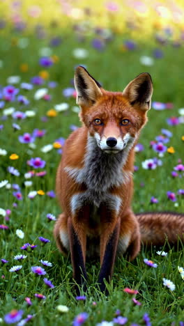 red fox in a flower meadow