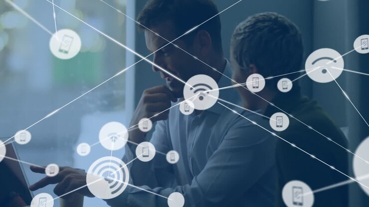 Animation of network of connections with wifi icons over diverse business people in office