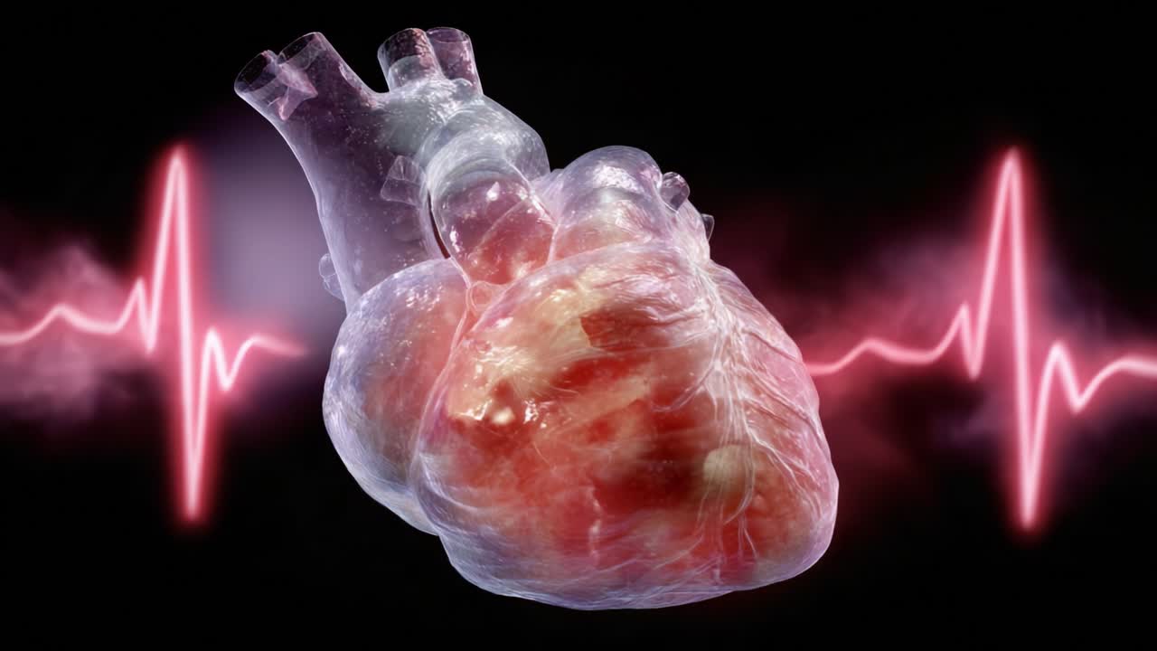 A Close-Up Visualization of a Human Heart in Motion, Highlighting its Intricate Structure and Vital Role in Circulation Against a Vibrant Pulse Line Background