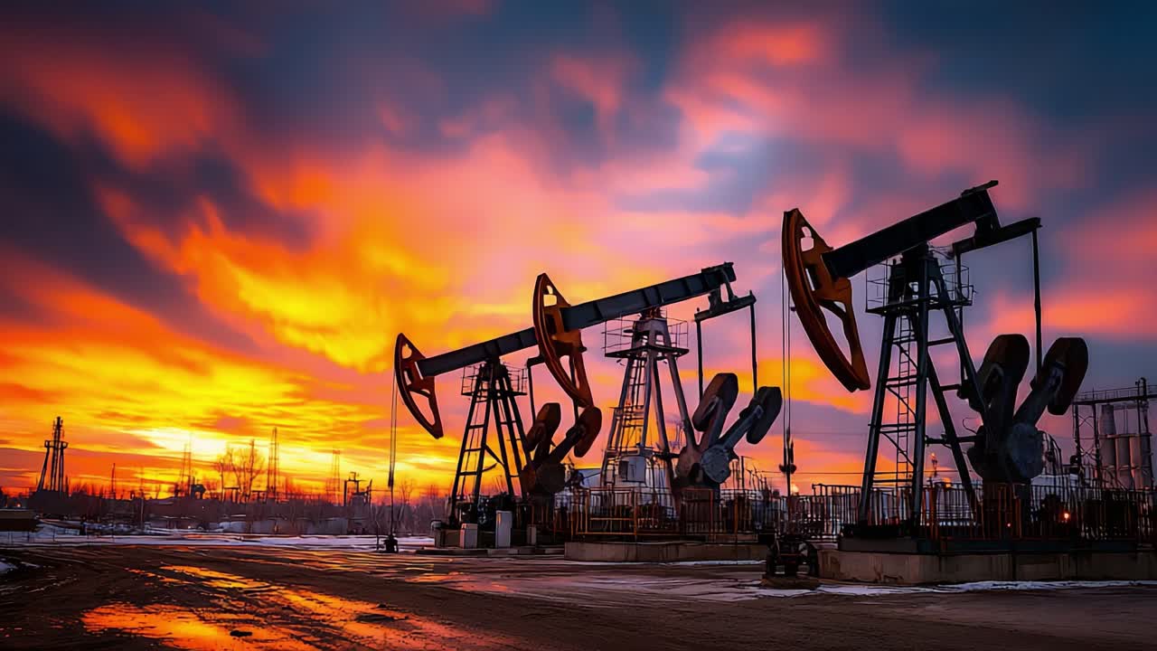 Petrol kuyusu pompaları üzerinde görkemli gün batımı: Canlı gökyüzü altında doğa ve endüstrinin işbirliğini sergileyen nefes kesen bir manzara.