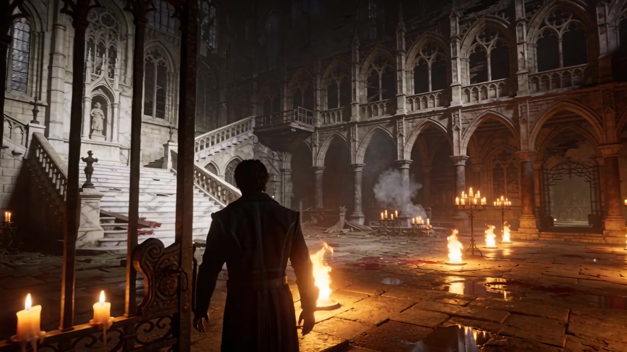 Spingendo un cancello di ferro, un uomo solitario con un mantello scuro entra in una cattedrale gotica, esplorando le rovine.