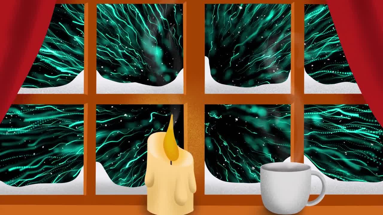 눈이 떨어지고 녹색 불꽃놀이가 폭발하는 애니메이션이 창문을 통해 보입니다.