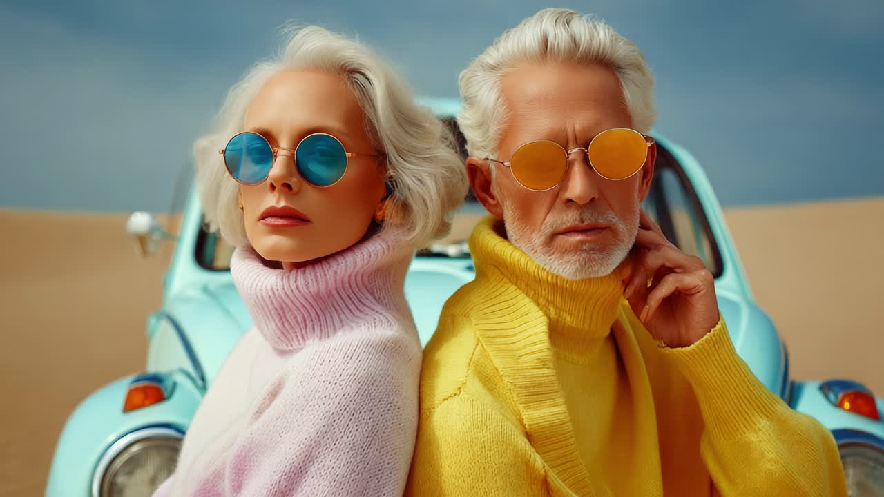 A striking portrait of a fashionable elderly couple showcasing vibrant summer attire and sunglasses in a mesmerizing desert backdrop, radiating confidence and style against a vintage car