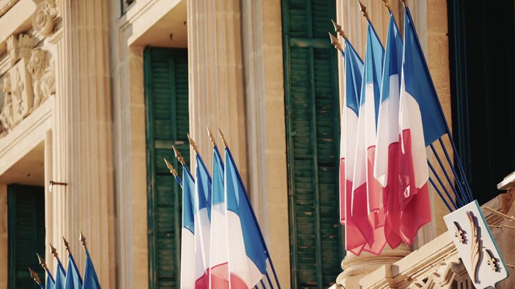 Campo lungo di un edificio storico decorato con bandiere tricolori francesi in una giornata limpida