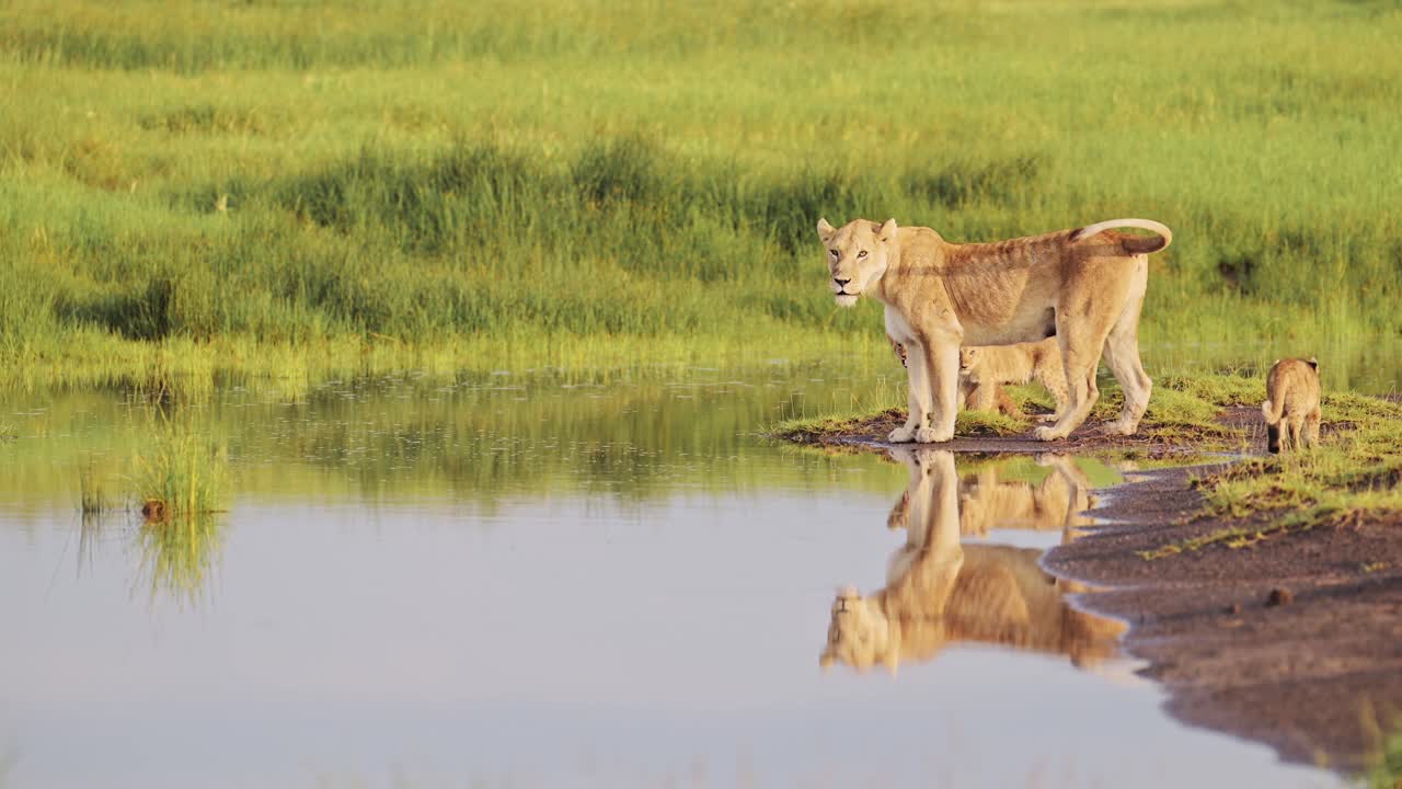 slow motion trots van leeuwen in afrika bij rivier in tanzania in serengeti, leeuwenkinderen en leeuwinnen afrikaanse dieren reflecties weerspiegeld in water in moeras en moerassen landschap landschap in prachtig licht
