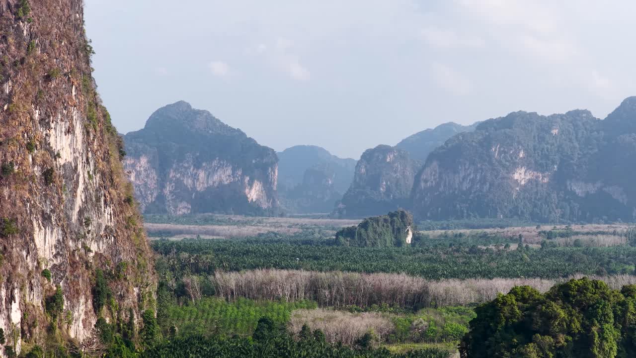Ảnh tĩnh toàn cảnh vách đá vôi và thung lũng nhiệt đới tươi tốt dưới ánh sáng ban ngày ở Thái Lan