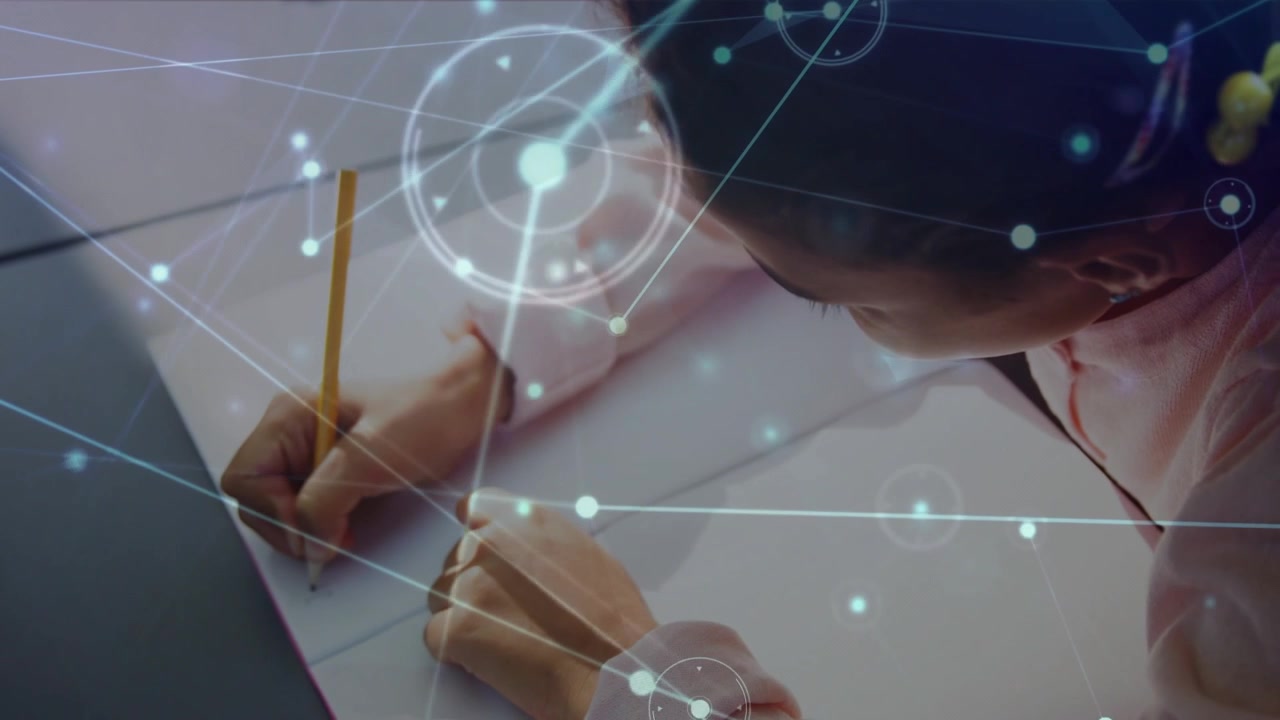 Girl placing pencil on notebook and practicing letters for education, network nodes overlaying page