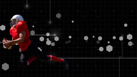 animación de un jugador de rugby caucásico atrapando una pelota contra formas hexagonales y rastros de luz