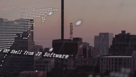 animación del procesamiento de datos, mapa del mundo y globo giratorio frente a una vista aérea del paisaje urbano