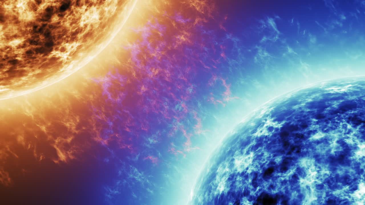 estrella azul contra estrella roja. superficie solar roja con llamaradas solares contra sol azul aislado en negro. superficie solar altamente realista con espacio para su texto o logotipo 4k.
