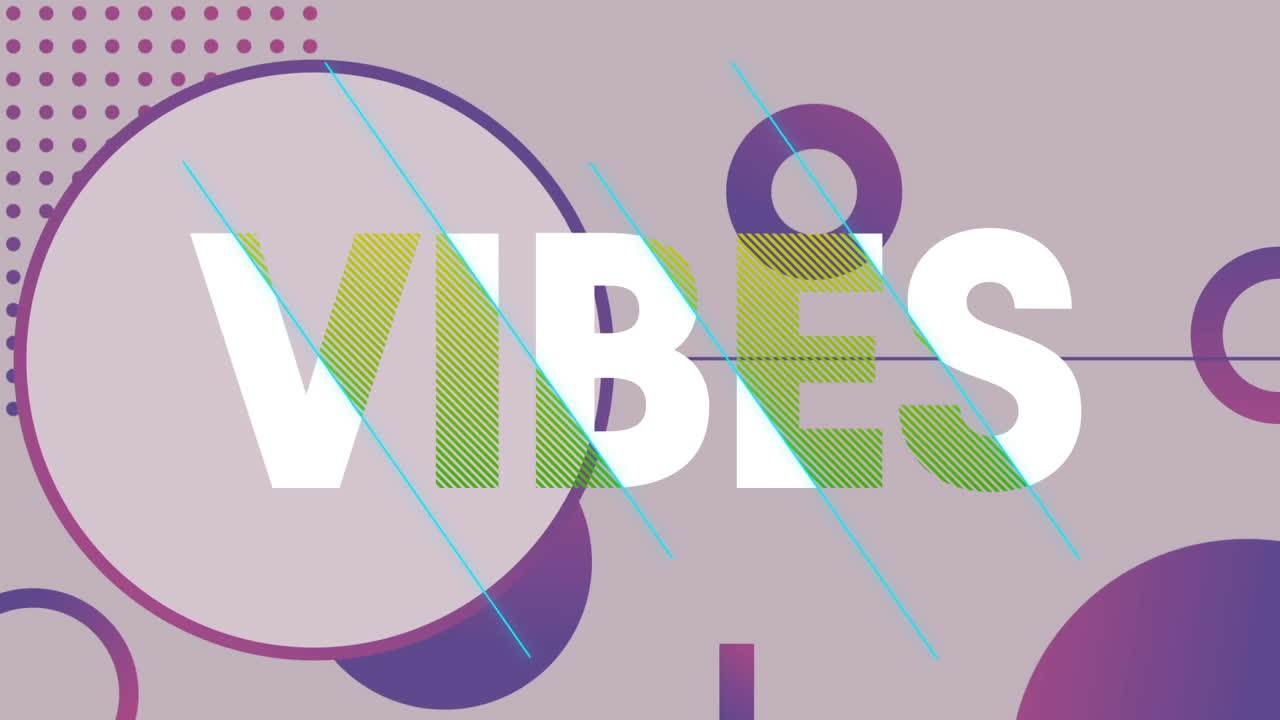 Animation of vibes in white and green text over purple dots and circles on grey background
