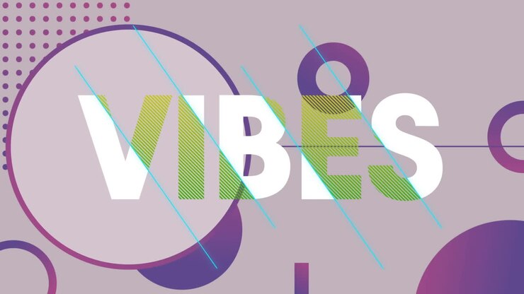 Animation of vibes in white and green text over purple dots and circles on grey background