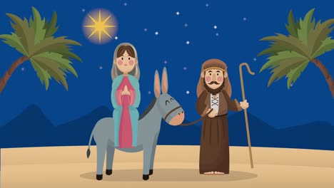 mery christmas animation with joseph and mary in donkey