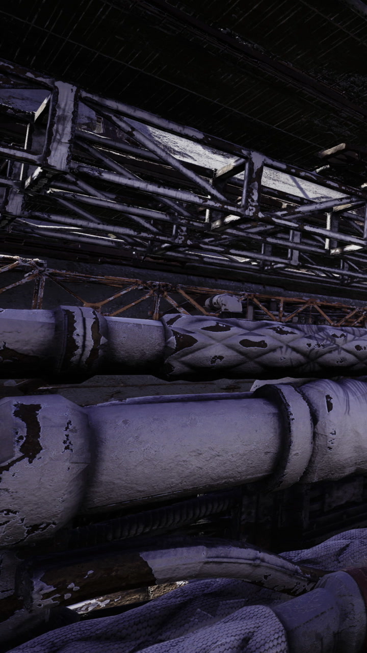 Rusty industrial remnants in a forgotten warehouse bathed in shadow
