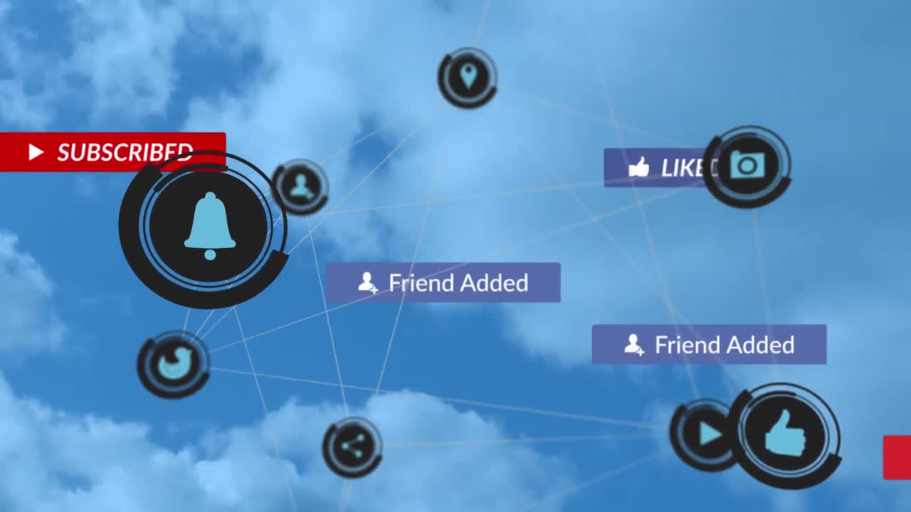 구름과 하늘 배경 위에 디지털 아이콘이 있는 배너에 있는 소셜 미디어 텍스트의 애니메이션