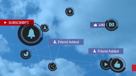 animation of social media text on banners with digital icons over clouds and sky background