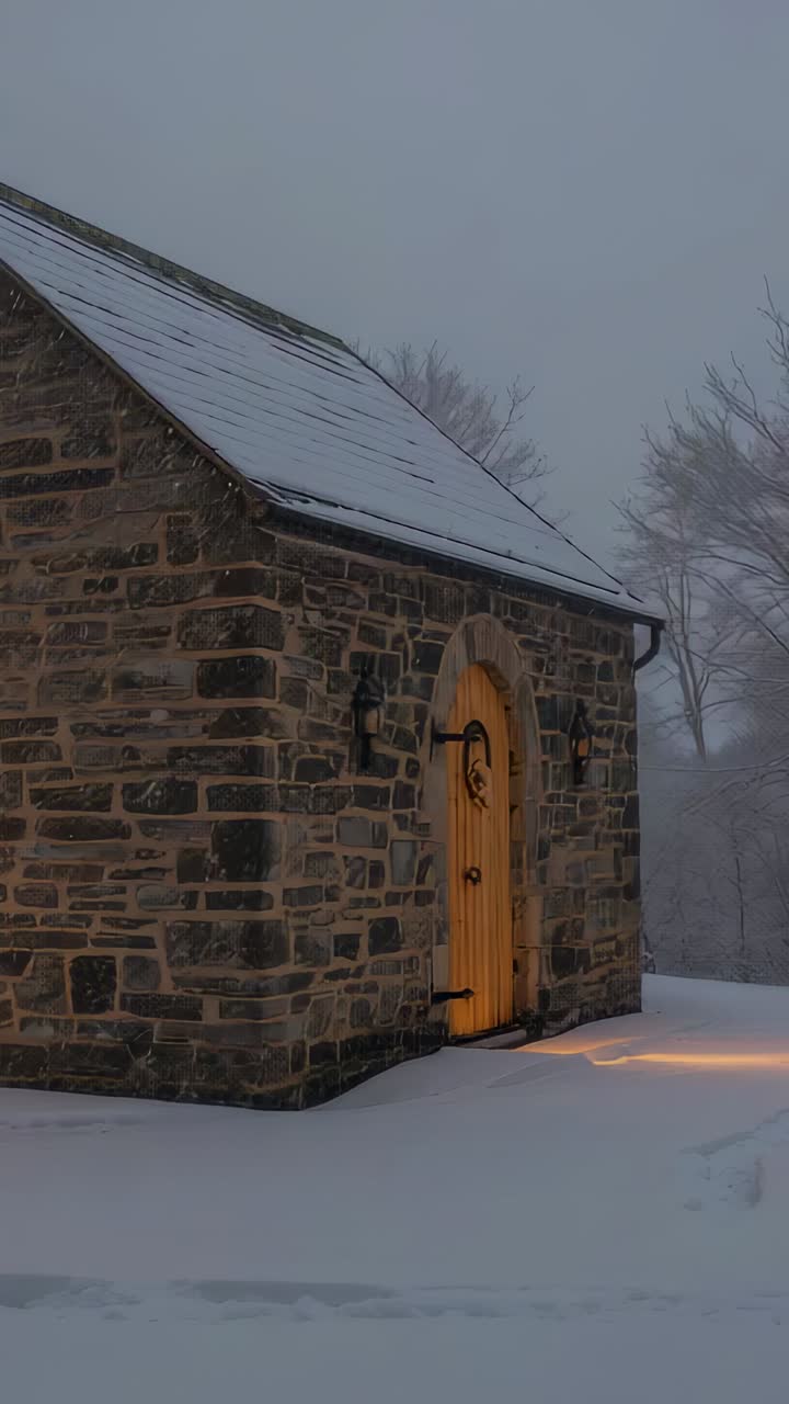 Vertical video: Panning camera start revealing stone shed in snow with arched door lit, copy space