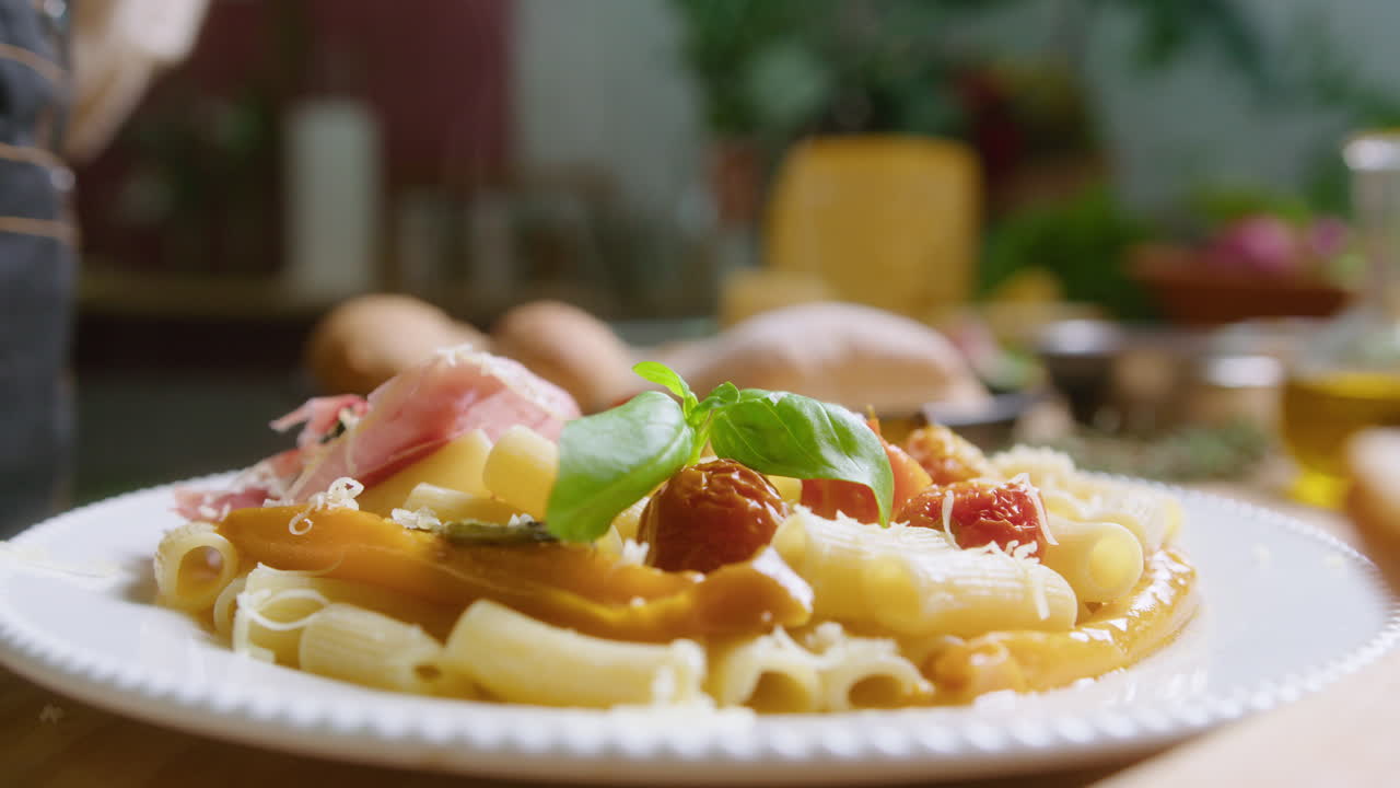 Pasta dish with tomatoes, basil, and prosciutto