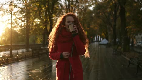 Rothaarige-Atemberaubende-Frau,-Die-Auf-Einem-Stadtpark-Spazieren-Geht