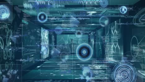 Animation of robotic arm over data processing on black background