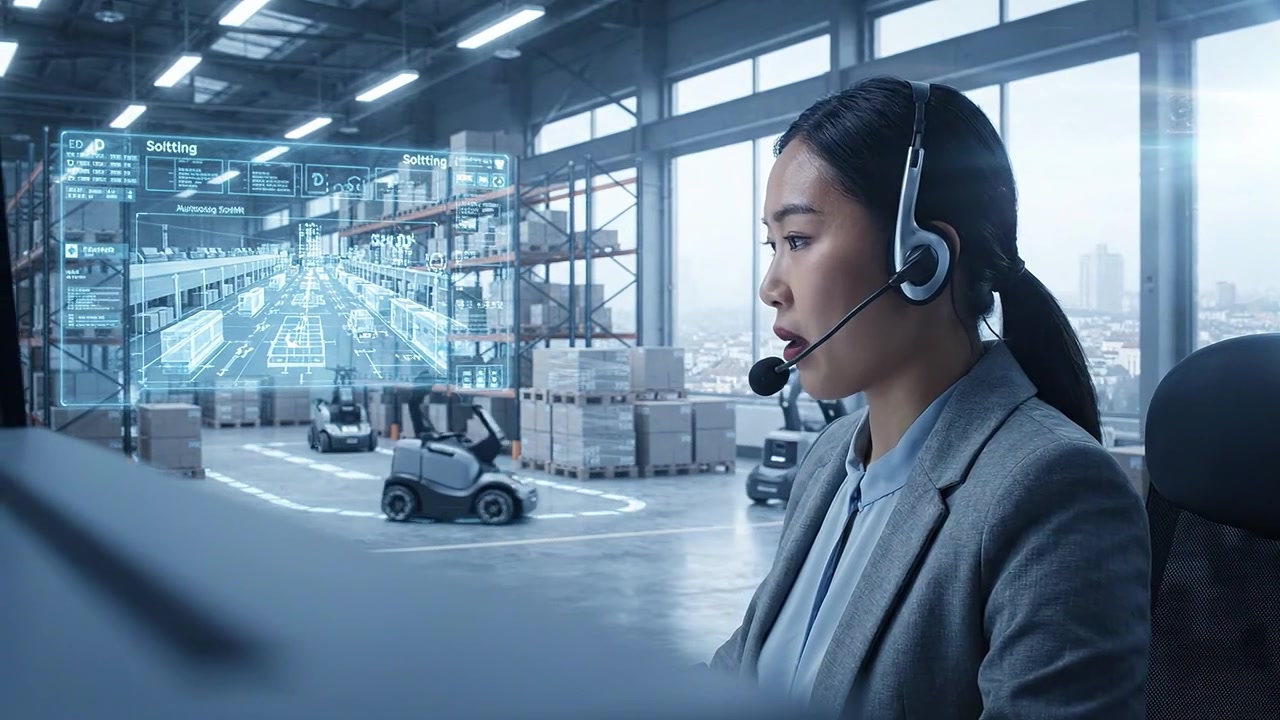 Donna asiatica che monitora robot autonomi in un magazzino intelligente con display olografico