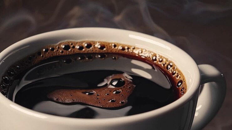 Nahaufnahme eines Videos von dampfendem Kaffee in einer weißen Tasse, das die reichhaltige Textur und Wärme einfängt