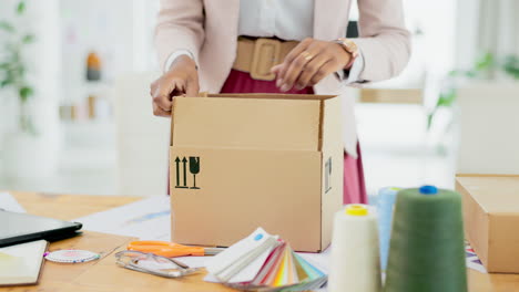 woman, hands and box in fashion for shipping