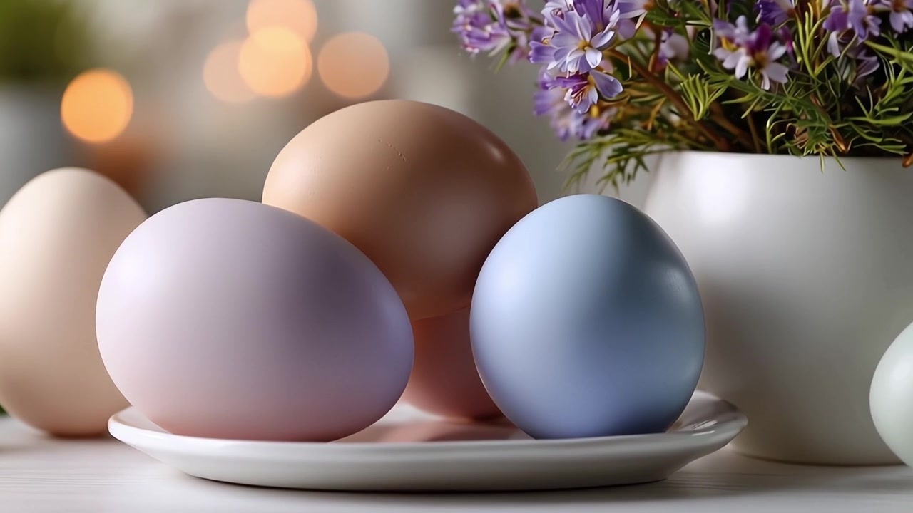 Pastellfärgade påskägg och lila blommor med mjuk bokeh-bakgrund