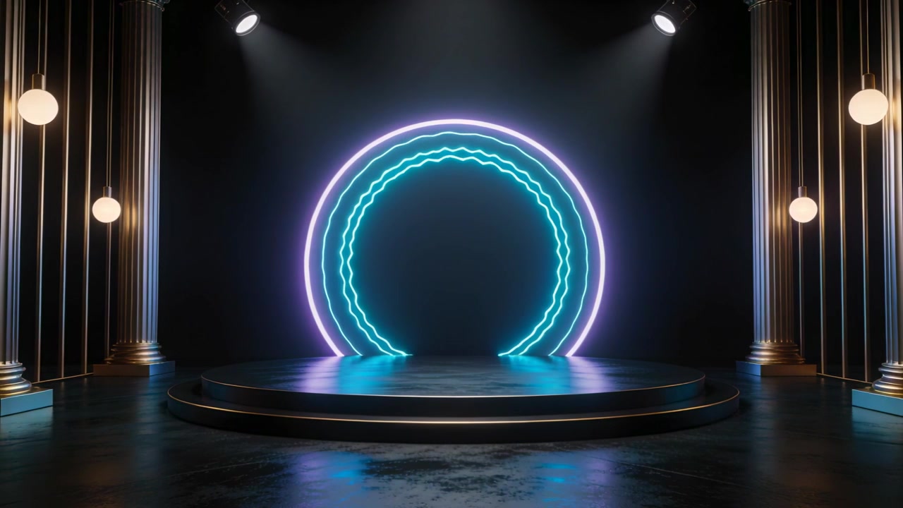 Pulserende lilla neonring animerer indre cyanringe på en studiescene, udløst af en lysbue til fremvisning.