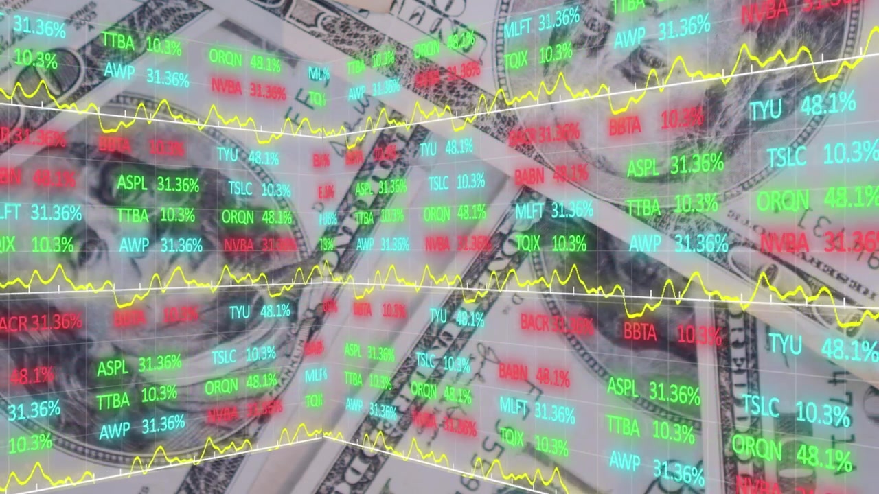 Marktfeed-overlay start, tickers worden bijgewerkt, gele lijnen schieten omhoog, toont volatiliteit van de USD.