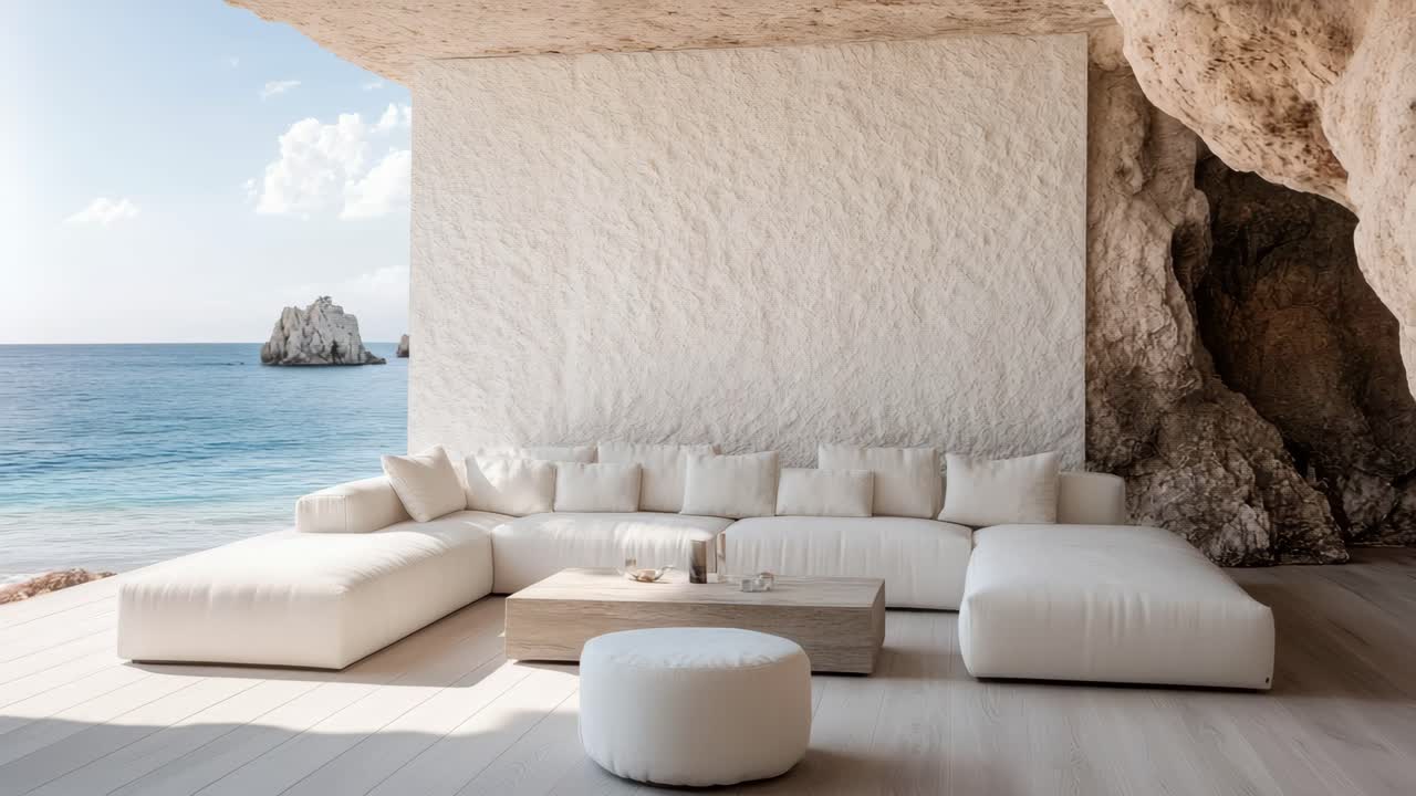 Wide-angle video shot of a minimalist seaside lounge with white furniture, blending natural rock
