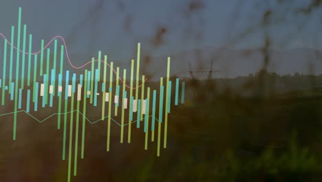 Multicolored bar chart being visualized on left side, merging with rural meadow in flat design
