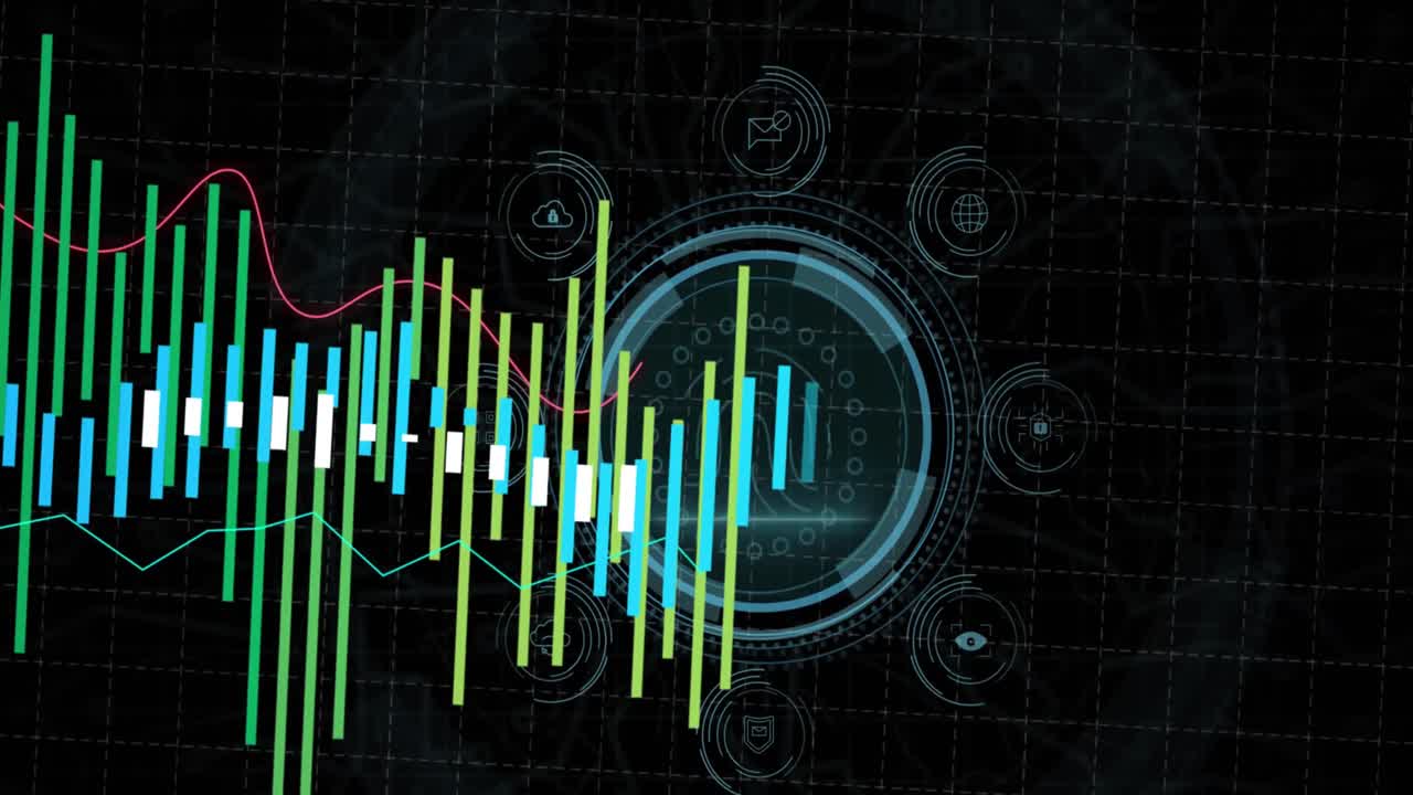Animation of financial data processing and scope with icons over black background