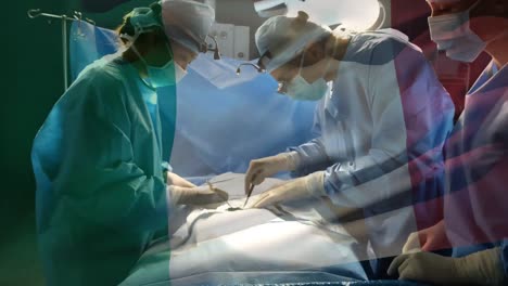 animation of flag of italy over surgeons in operating theatre