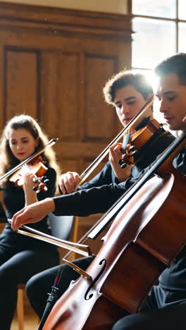 young musicians playing string instruments in an orchestra