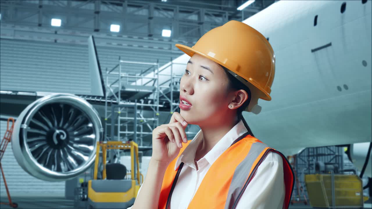 안전 헬을 입은 아시아 여성 엔지니어가 거에 있는 항공기와 함께 서서 무언가에 대해 생각하고 주위를 둘러보며 지표손가락을 들어 올린다.
