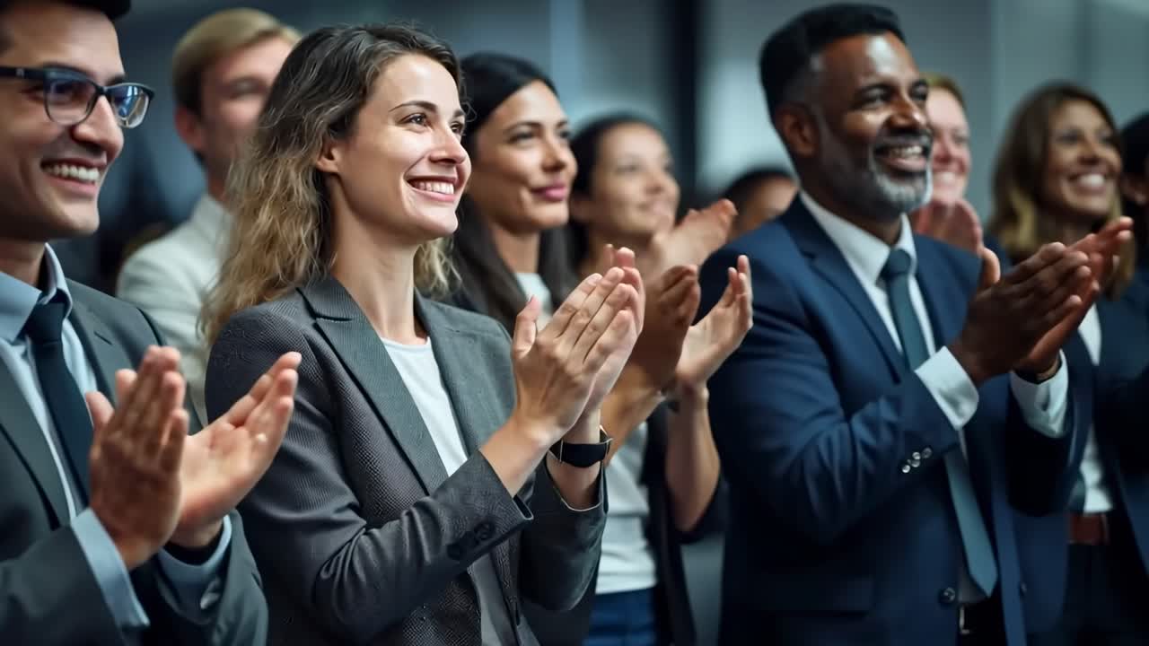 A diverse group of professionals clapping in a corporate setting, captured from a low-angle