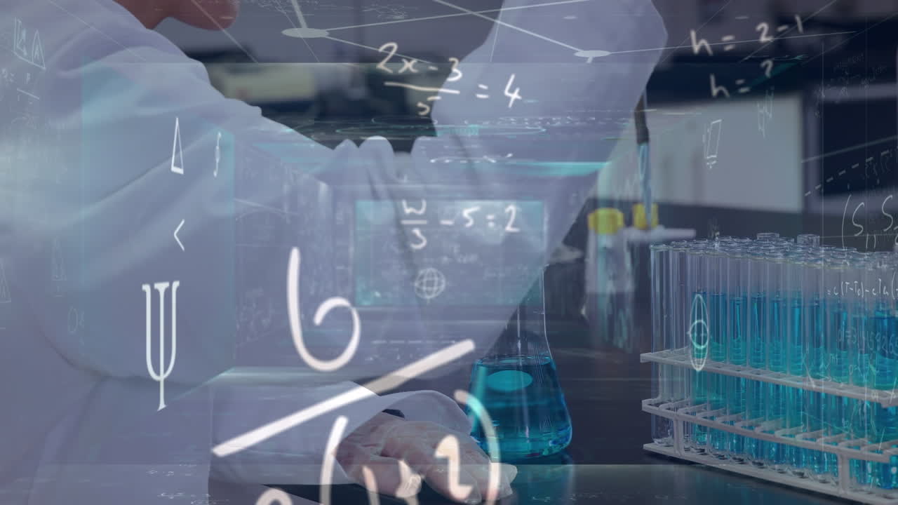 수학 방정식의 애니메이션 백인 남성 과학자 실험실에서