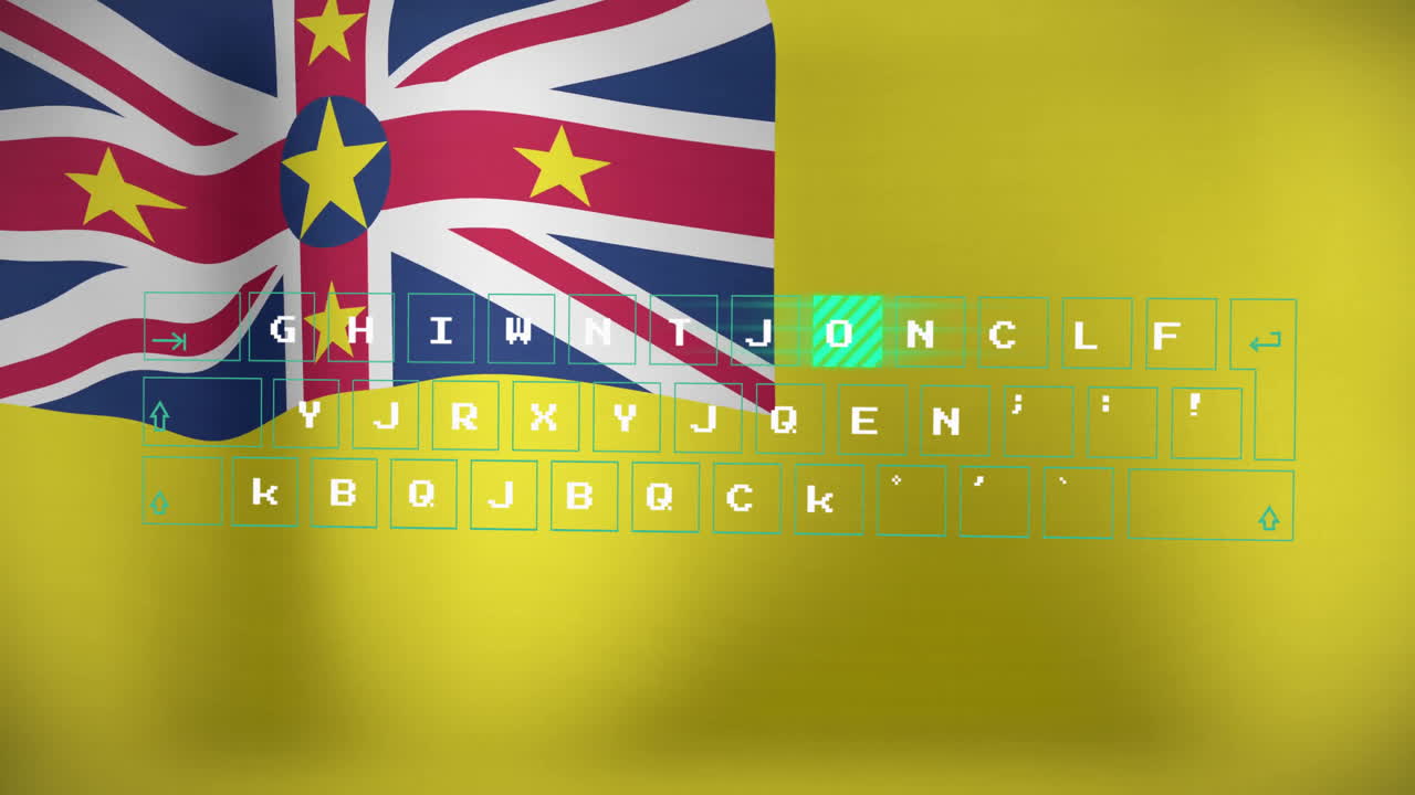 Animation of Niue flag with keyboard overlay on yellow background