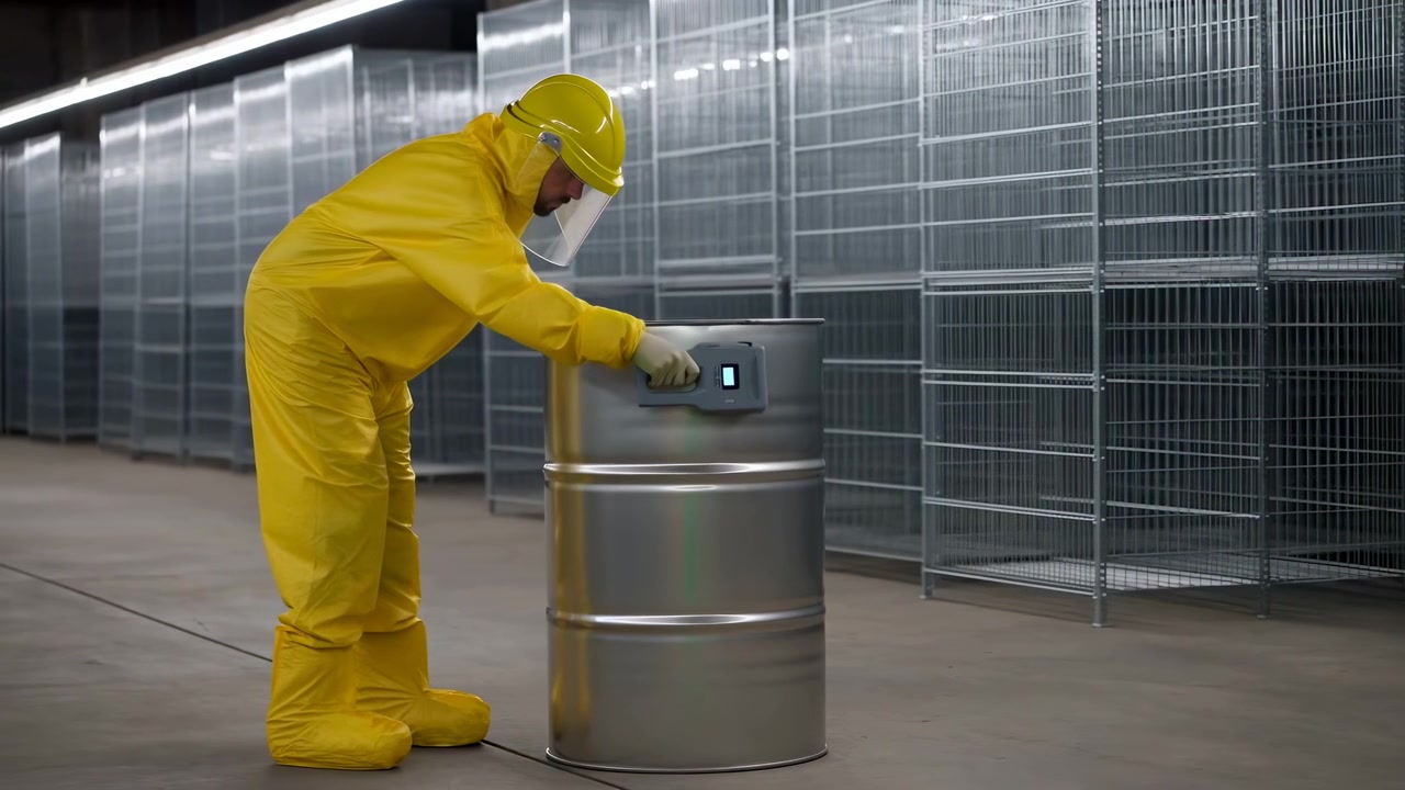 Gloved person in yellow protective clothing leans toward a reflective metal drum, guiding a screen-equipped handheld device along the upper edge while metal cage partitions fill the background.