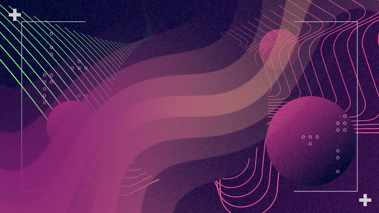 Animation of green and violet lines, circles and waves on navy background