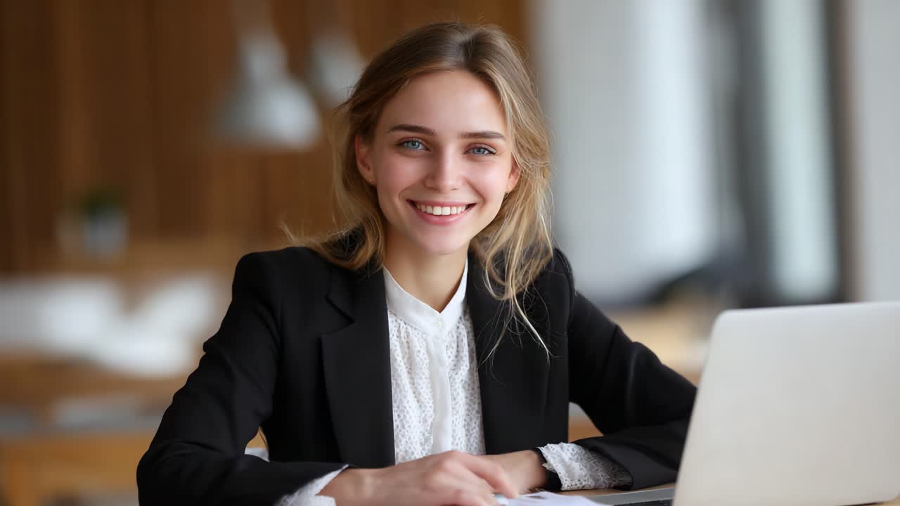 Una professionista impegnata a lavorare al laptop, che sorride con sicurezza mentre mostra un ambiente di lavoro moderno