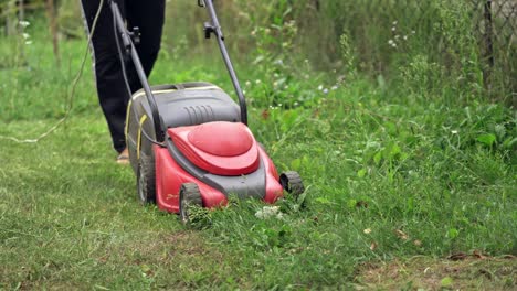lawn mower on green grass. closeup of mowing the grass with lawn mower