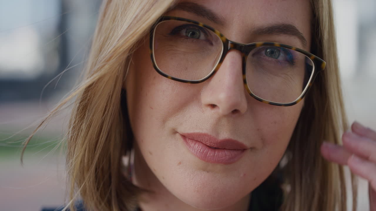retrato de cerca mujer rubia joven atractiva sonriendo mano corriendo a través del cabello buscando calma mujer independiente viento soplando el cabello belleza femenina cámara lenta