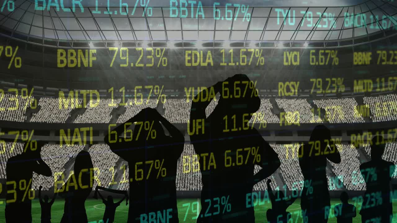 주식 시장 데이터 처리 배경에 응원 팬의 실루 ⁇ 과 스포츠 스타디움